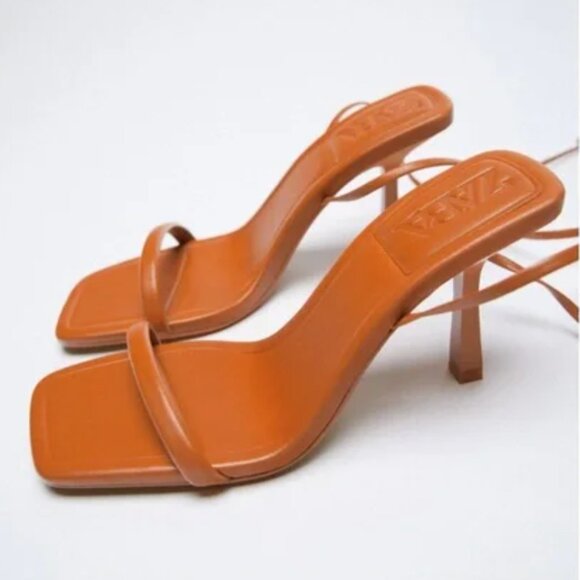 Zara Heeled Strappy Leather Sandals sz 8 - Picture 1 of 5